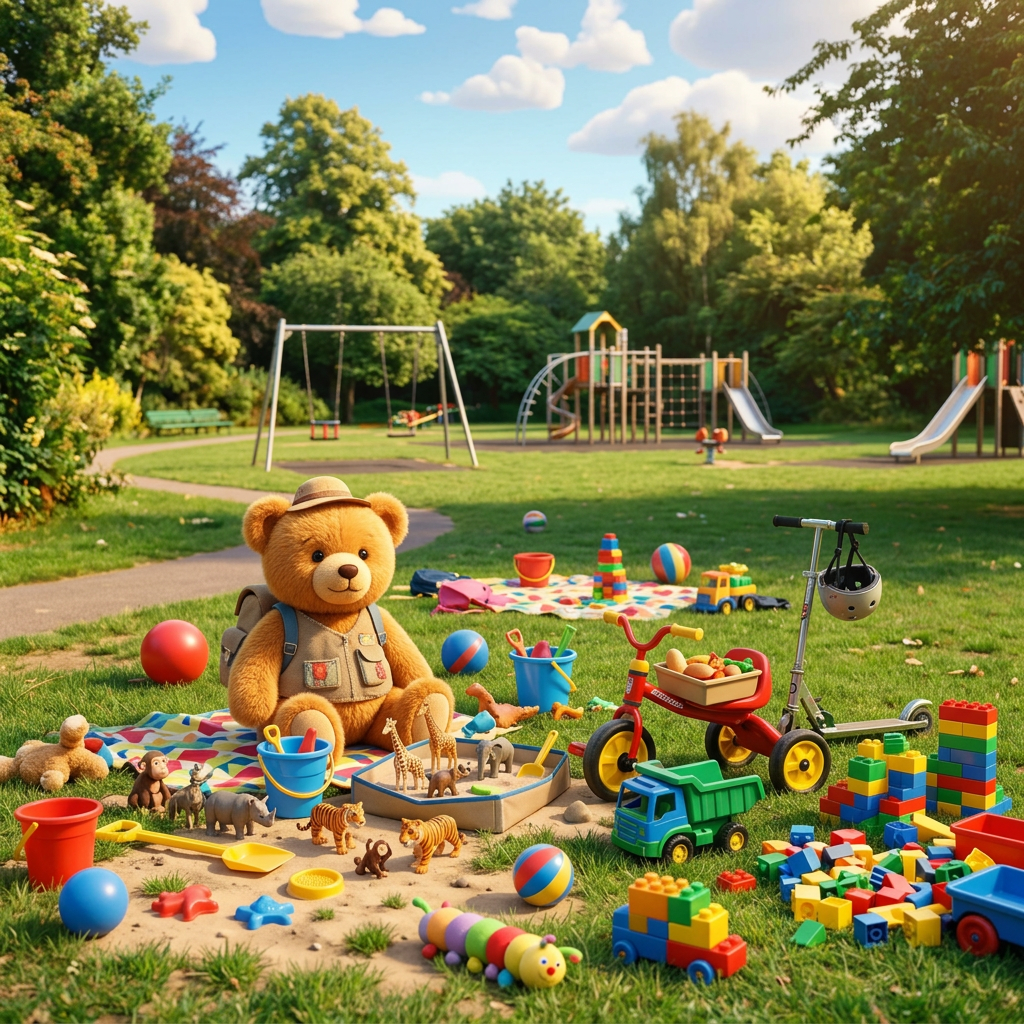 Children playing with toys and riding tricycle in a park playground